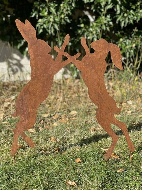 rusty metal boxing hares|Rusty Hare Sculpture / Boxing Hare Garden Art / .